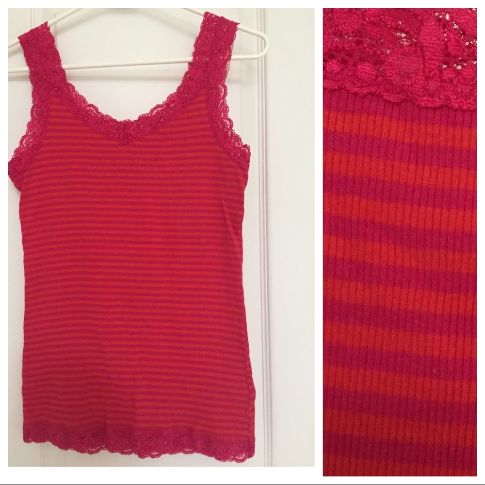 Uniqlo Pink And Orange Striped Lace Tank